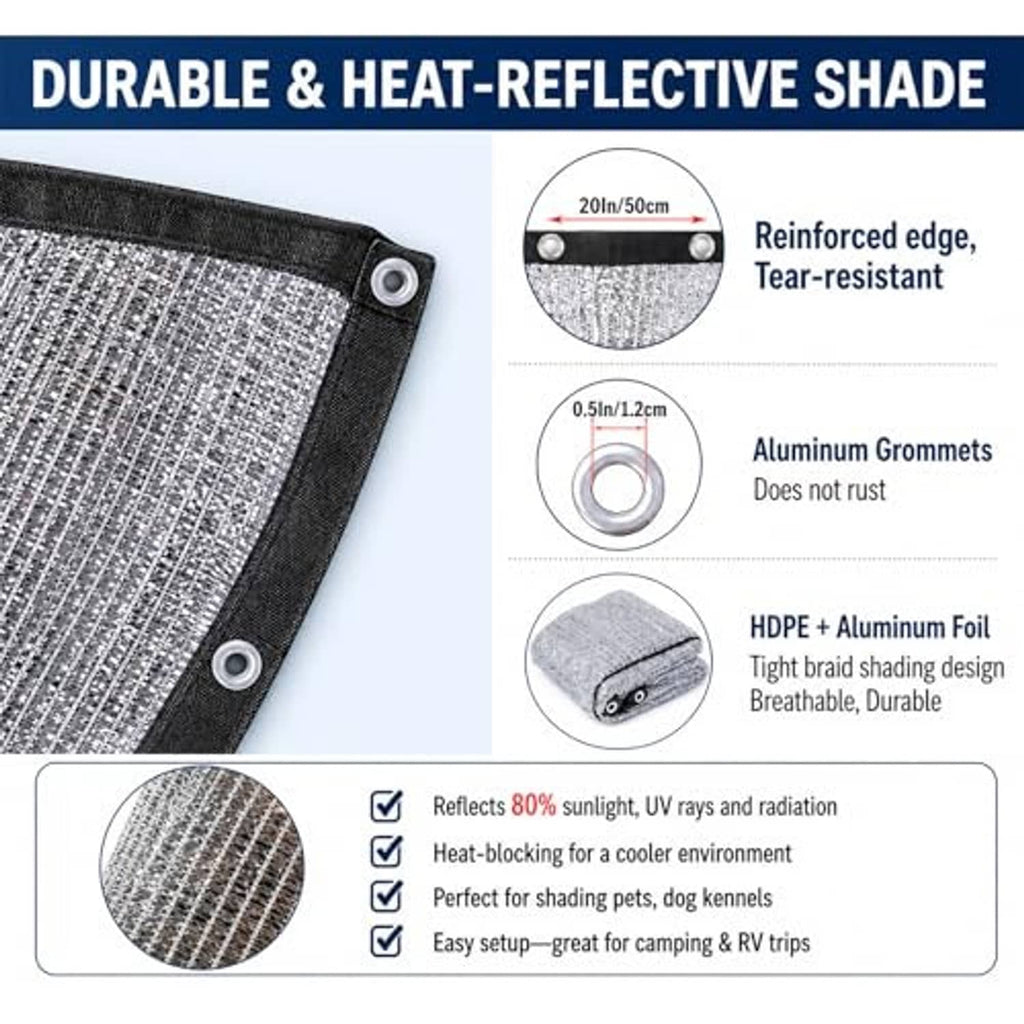 Reflective shade cloth fabric with reinforced edge and aluminum grommets, silver