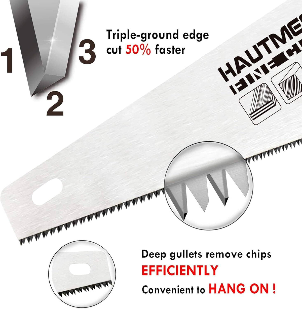 14-inch hand saw blade with fine teeth and deep gullets for efficient chip removal