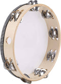 Beige wooden handheld tambourine with silver jingles and a black-and-white stripe rim
