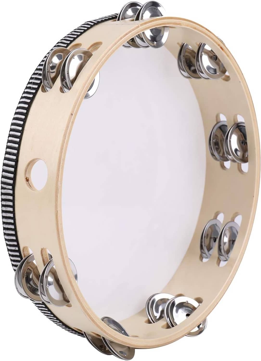 Beige wooden handheld tambourine with silver jingles and a black-and-white stripe rim