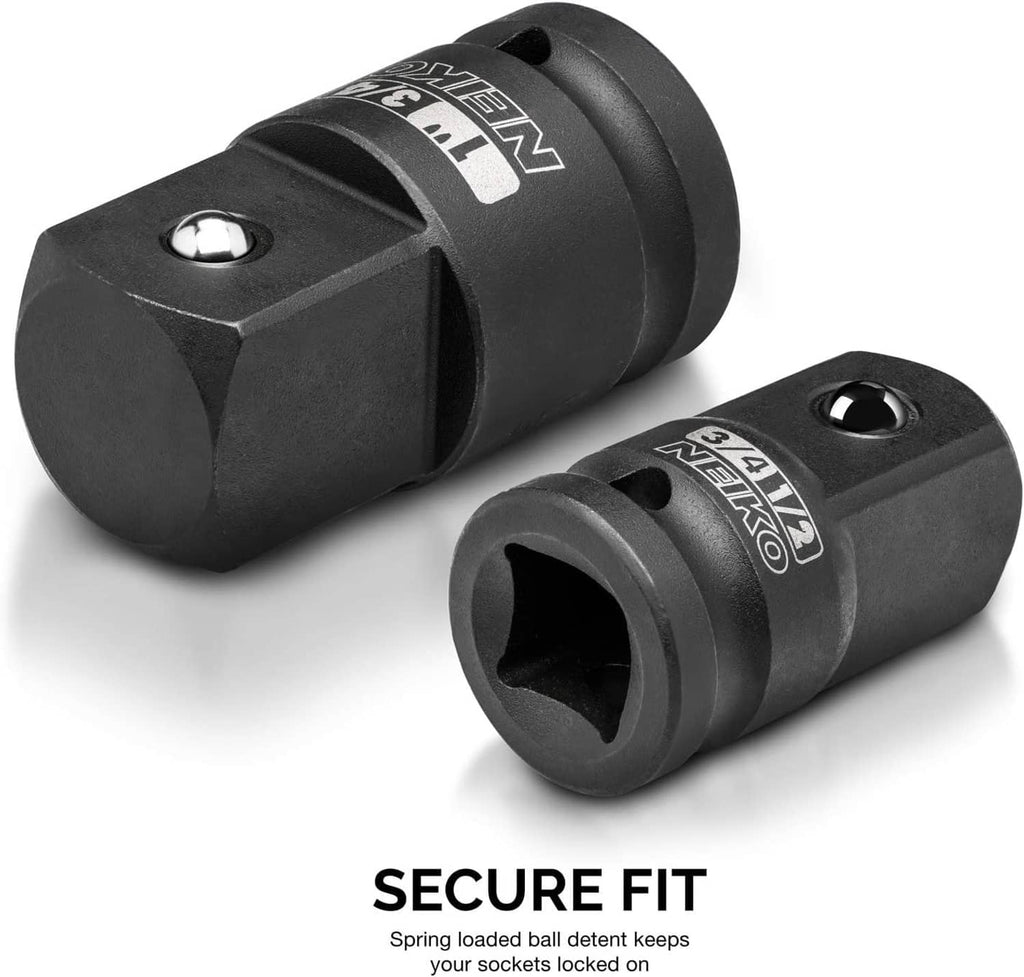 Pair of black impact socket adapters with square openings and NEIKO size markings