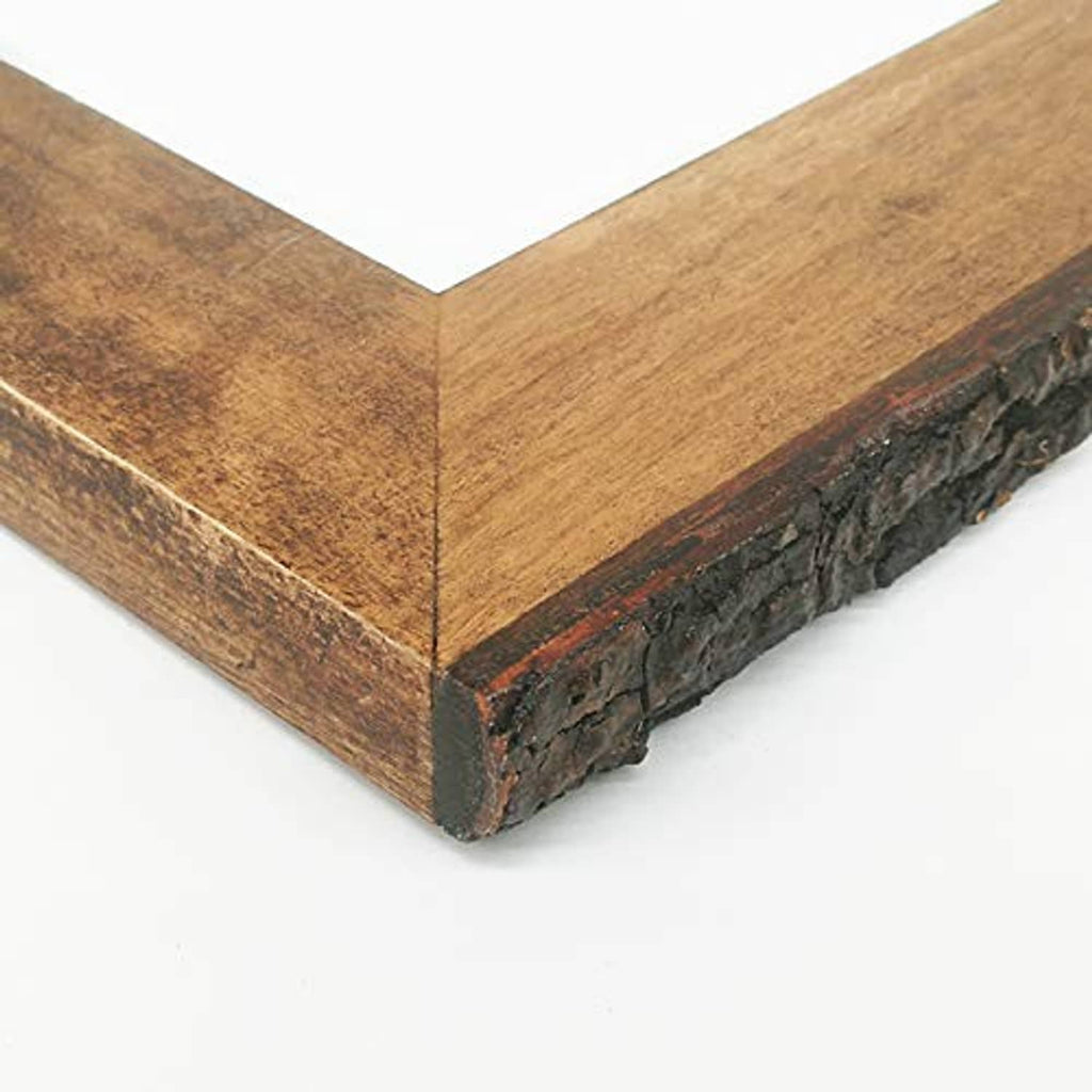 Rustic wood frame corner join with bark trim, designed for 8x10 photos