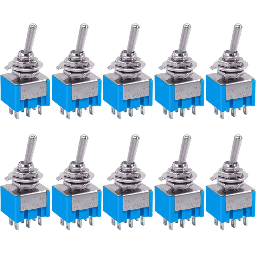Set of mini DPDT toggle switches, blue 6-pin body, metal bushing and lever