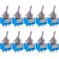 Set of mini DPDT toggle switches, blue 6-pin body, metal bushing and lever