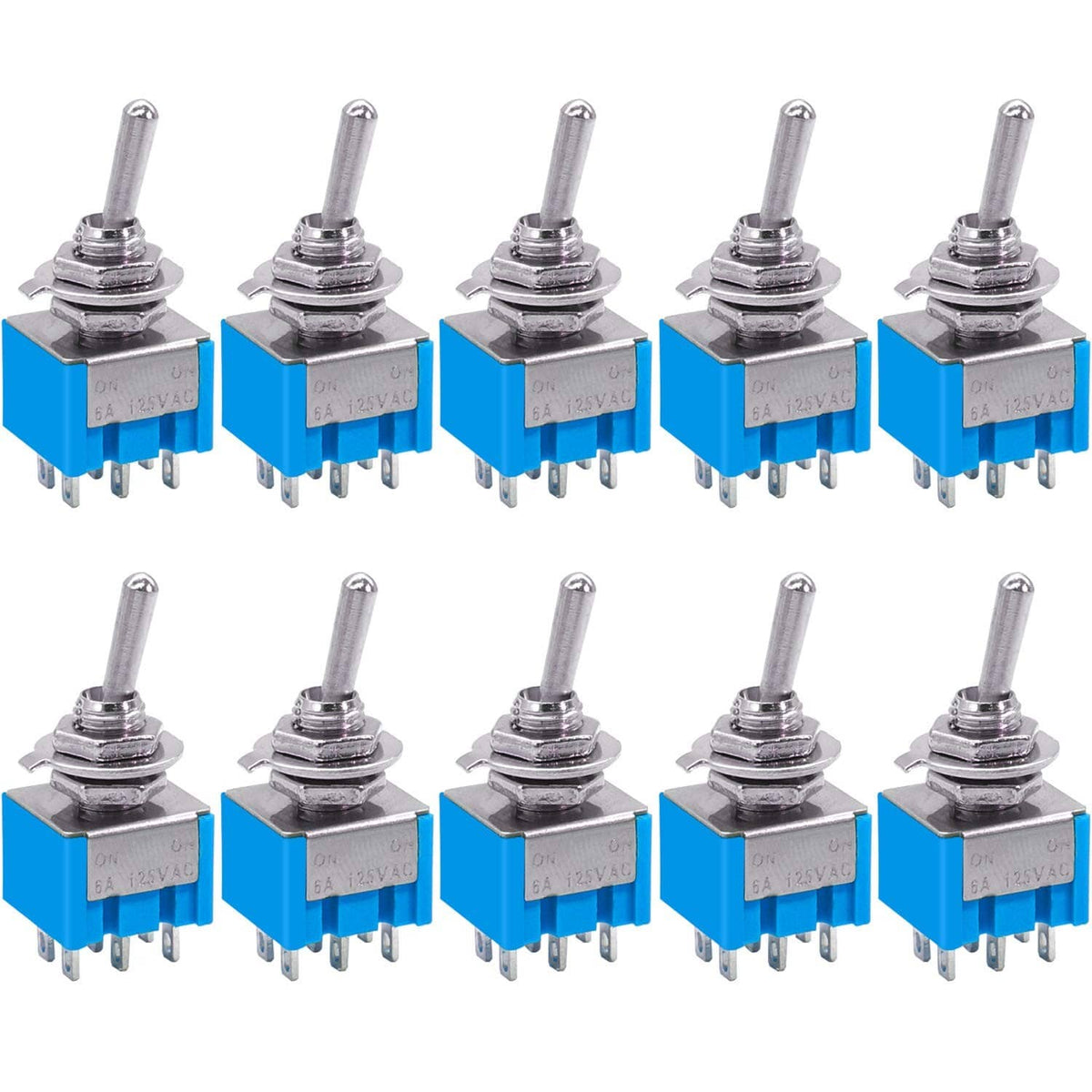 Set of mini DPDT toggle switches, blue 6-pin body, metal bushing and lever