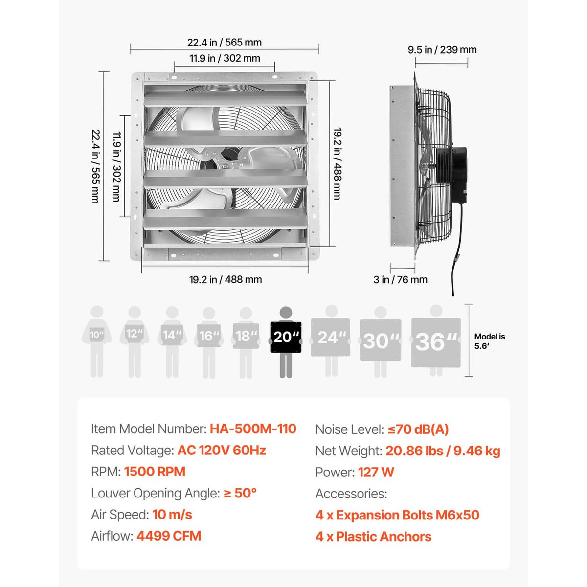 Wall exhaust fan dimension chart with opening measurements and spec details