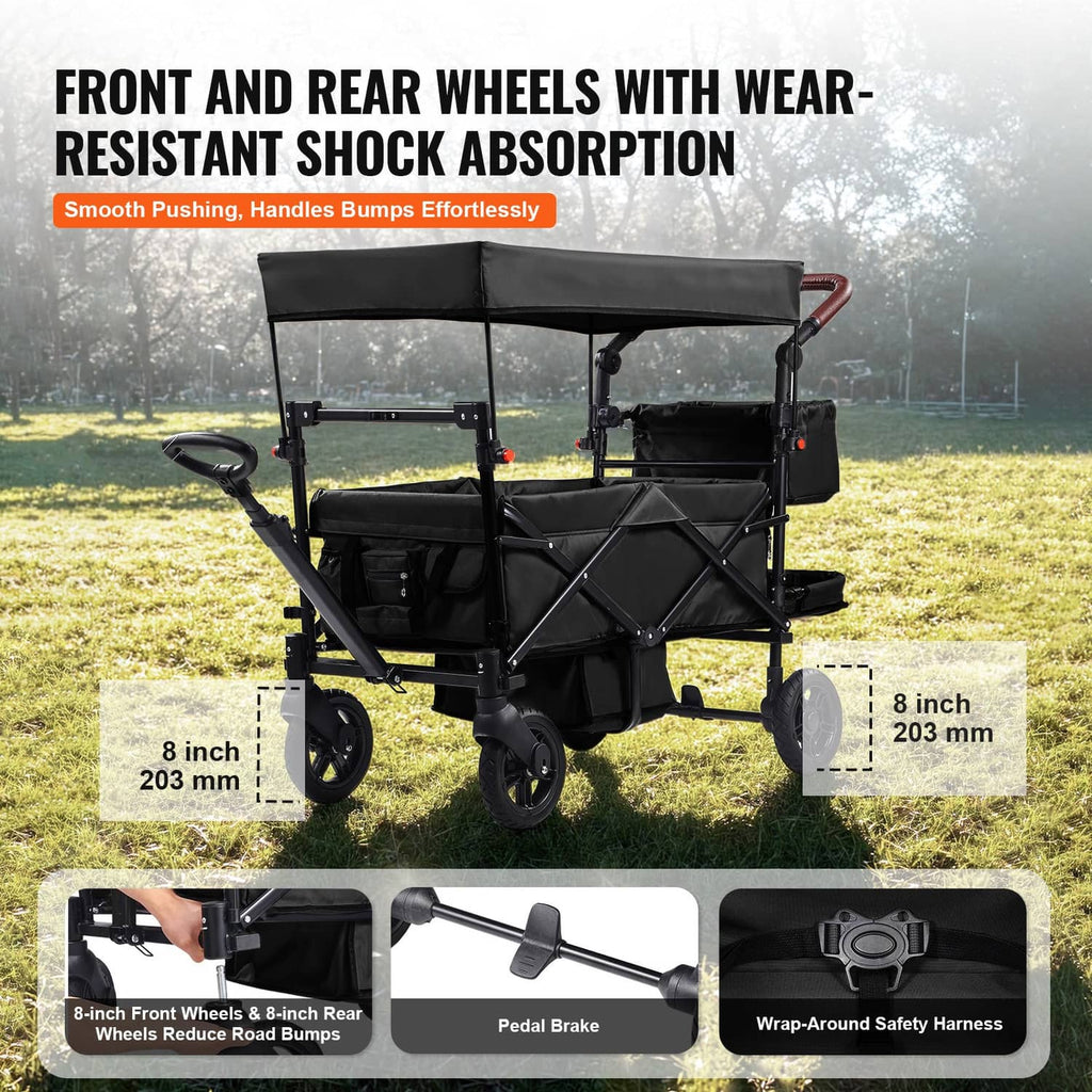 Black double stroller wagon with canopy and large wheels, rear storage pocket.