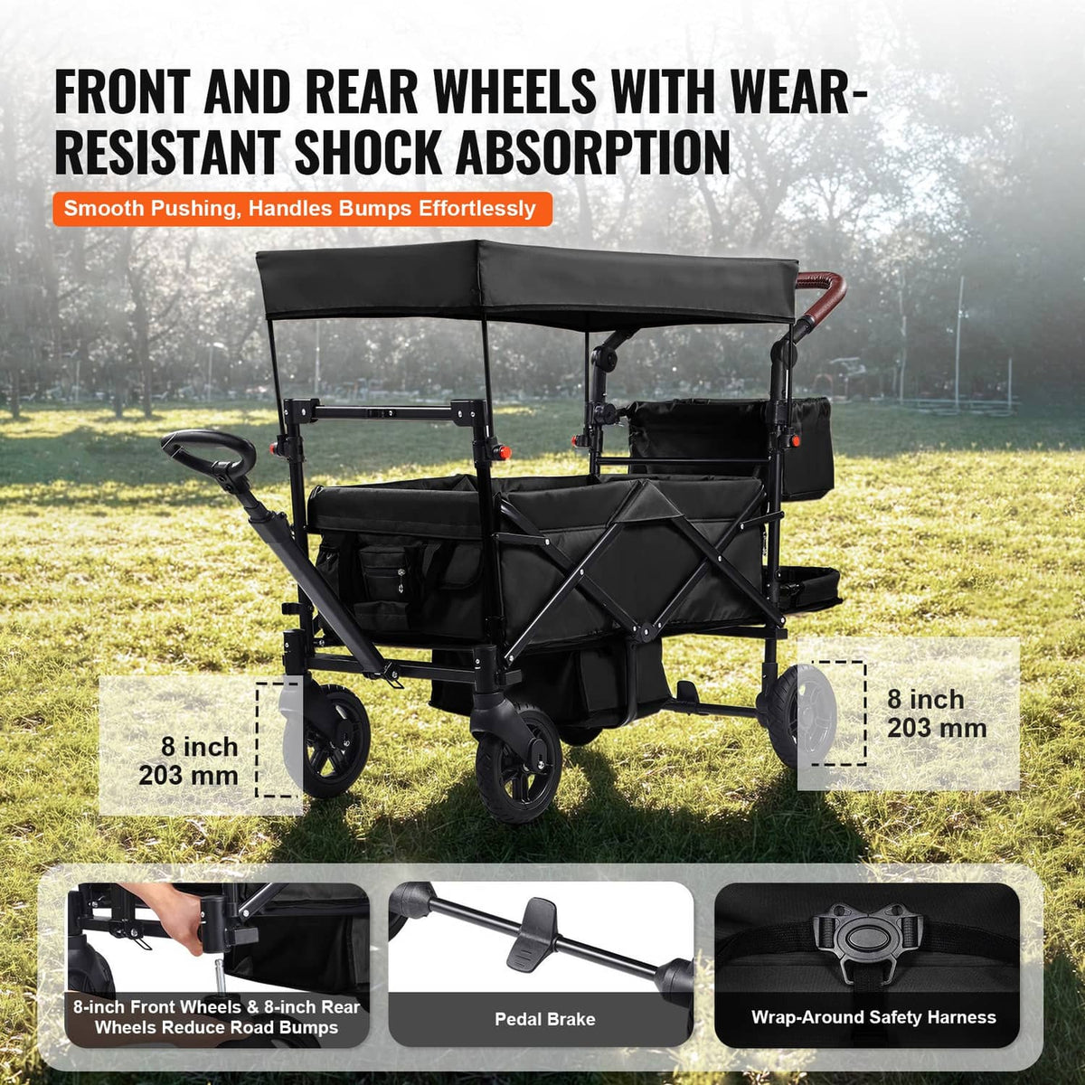 Black double stroller wagon with canopy and large wheels, rear storage pocket.