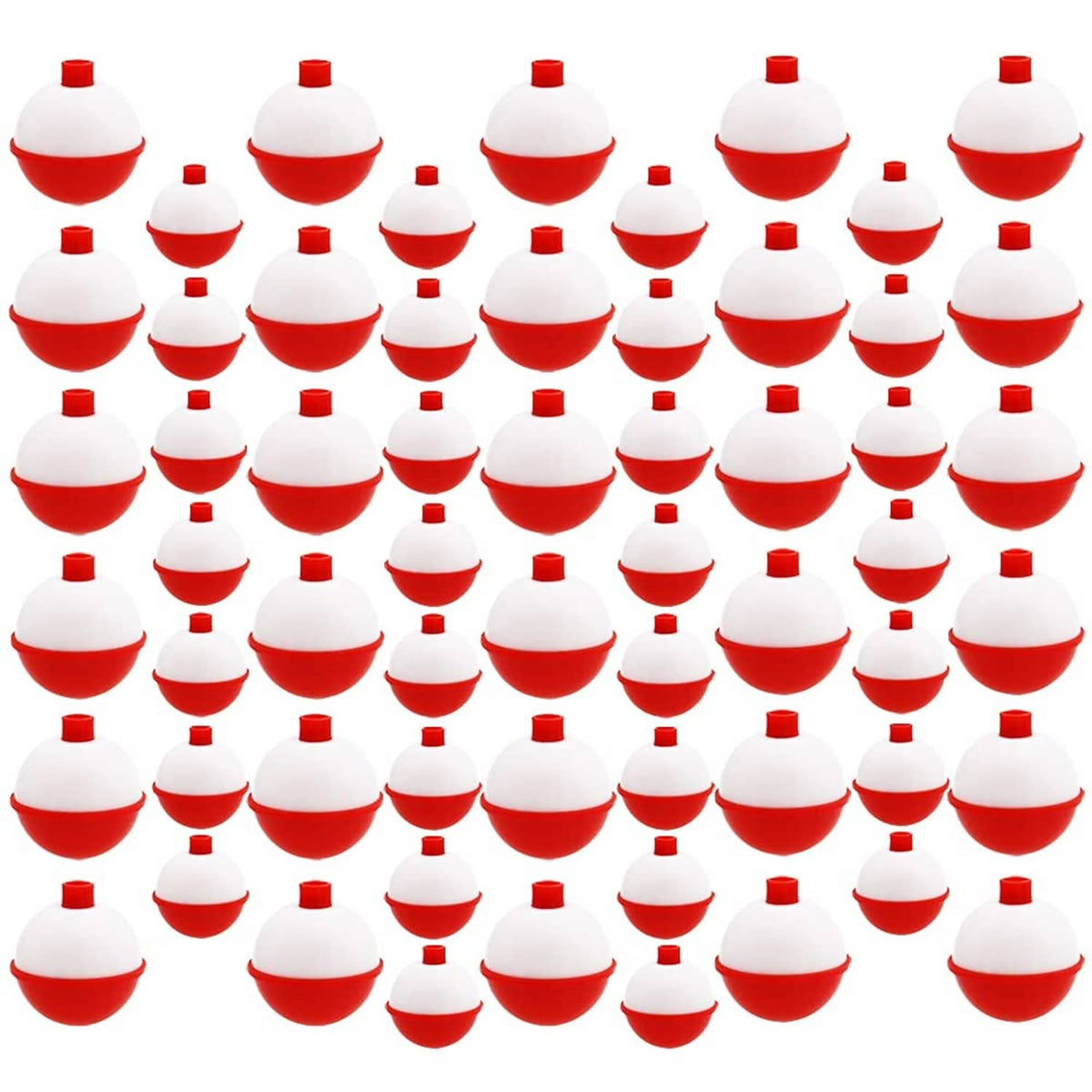 Set of white and red ABS fishing floats, dome-shaped with top caps