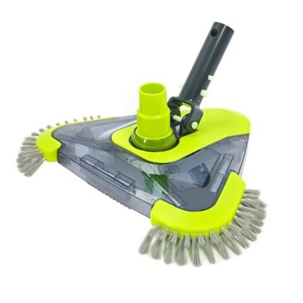 Pool vacuum cleaner head with green mount and gray side and end brushes