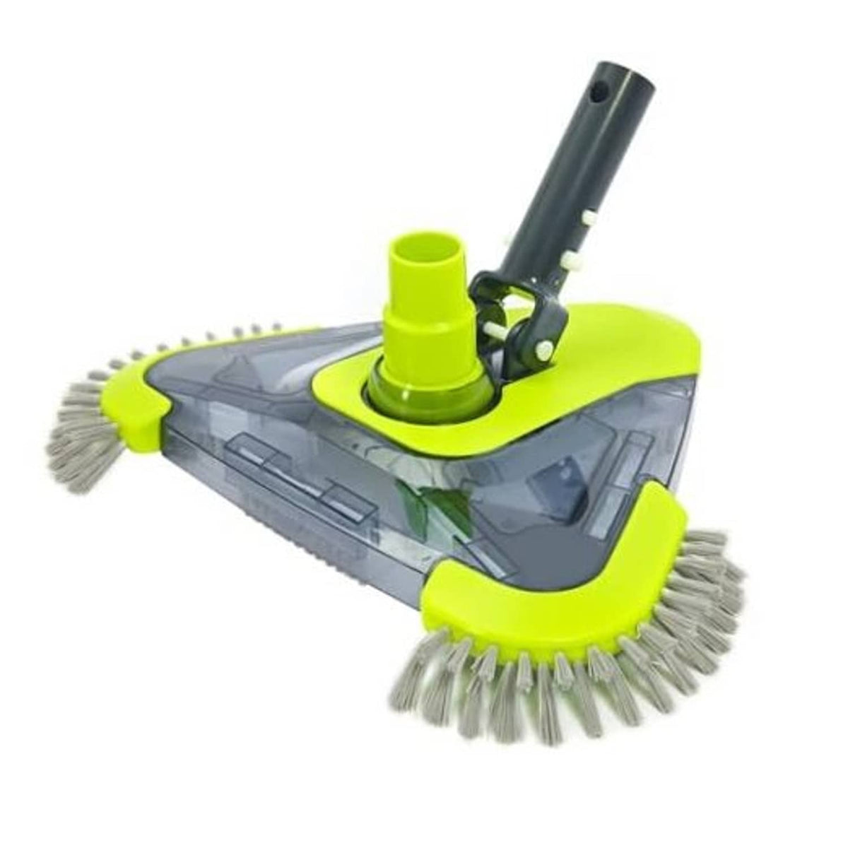 Pool vacuum cleaner head with green mount and gray side and end brushes