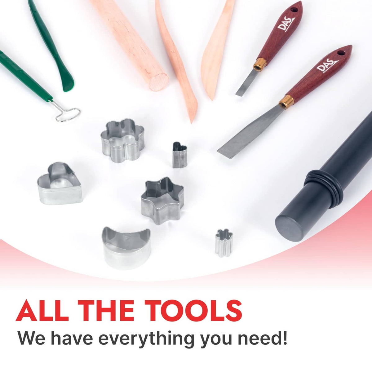 Air-dry clay tools set with metal cutters, brushes, and DAS clay tubes