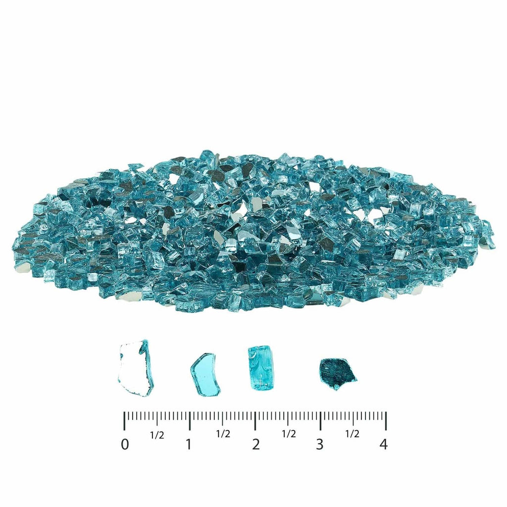 Aqua blue crushed glass stones with ruler showing 1/2-inch scale
