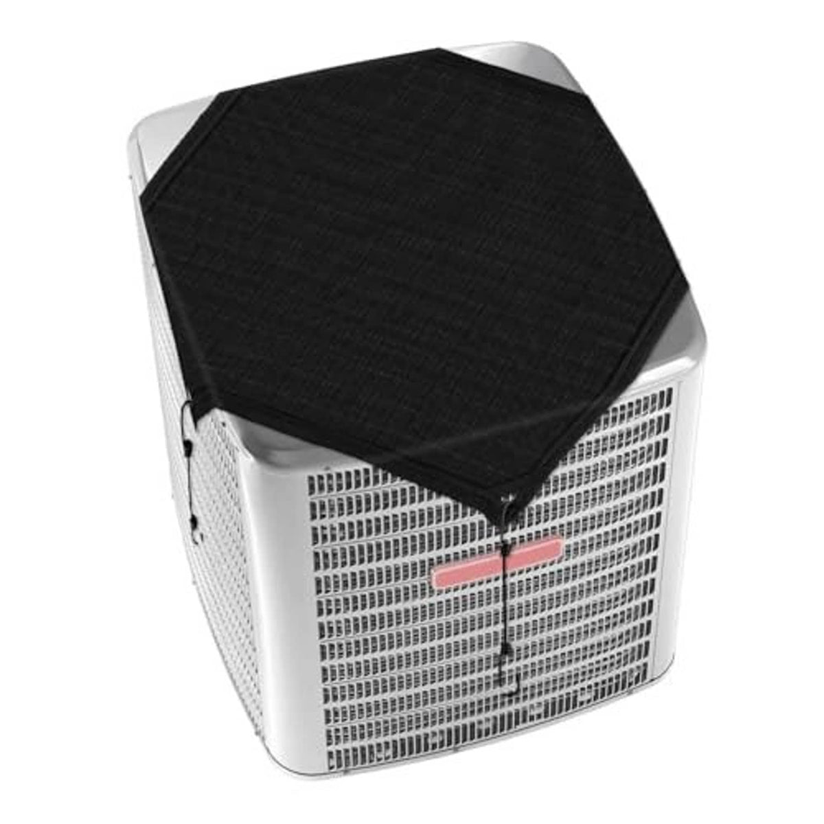 Black air conditioner cover with secure fit over vented sides and top of outside unit