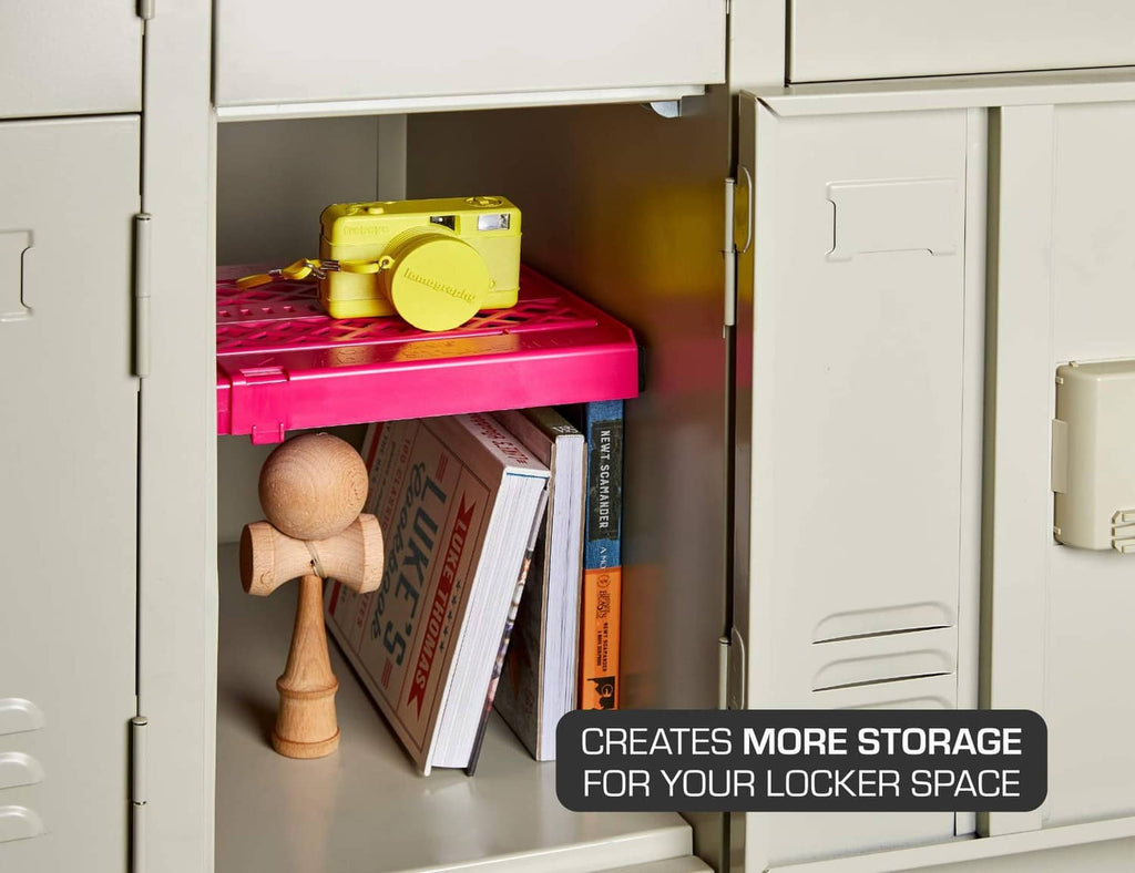 Pink locker shelf adds extra storage inside locker for small accessories