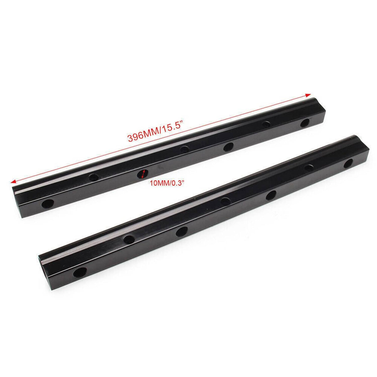 Black fuel rail bars with multiple mounting holes and measurement markings