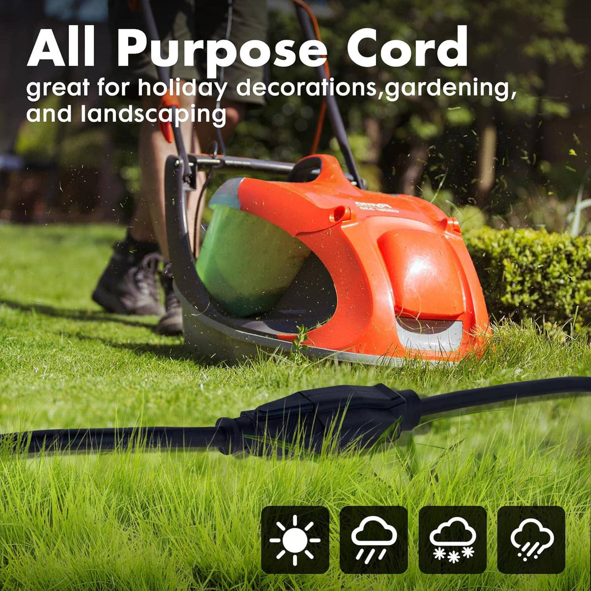 Black outdoor extension cord laid across grass with heavy-duty plug end