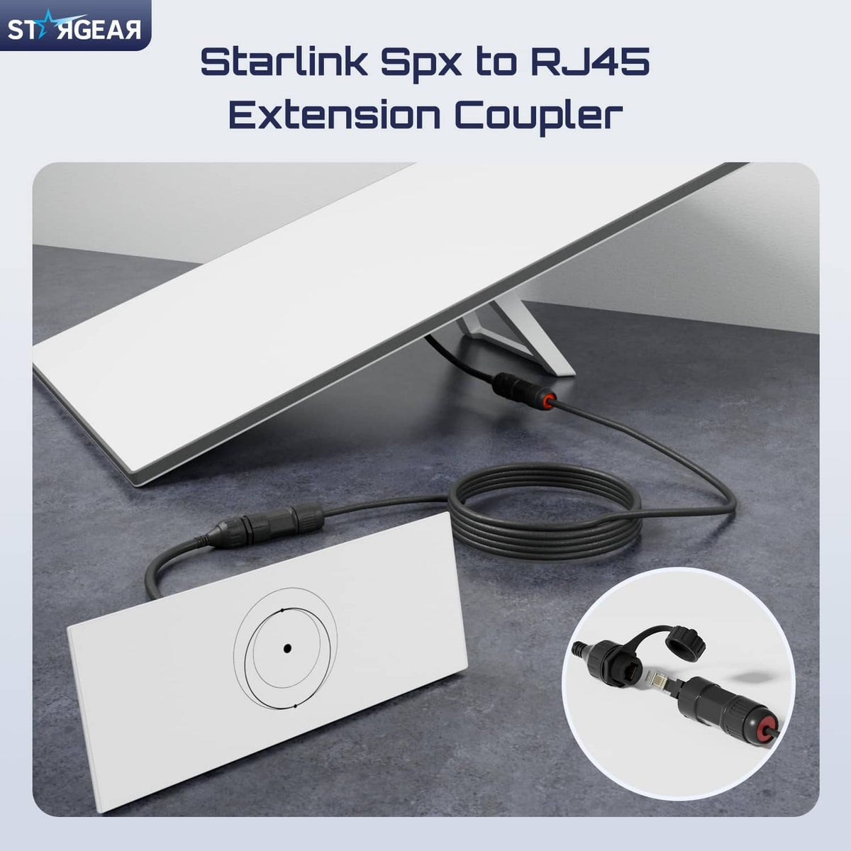 Black Starlink Ethernet extension coupler with two port ends and cable leads