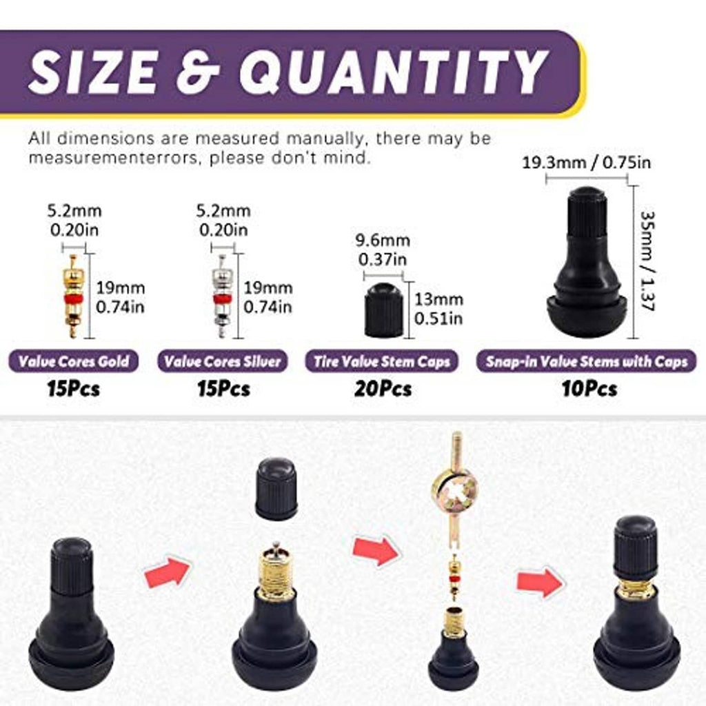 Set of black snap-in tire valve stem caps with gold valve cores and matching tools