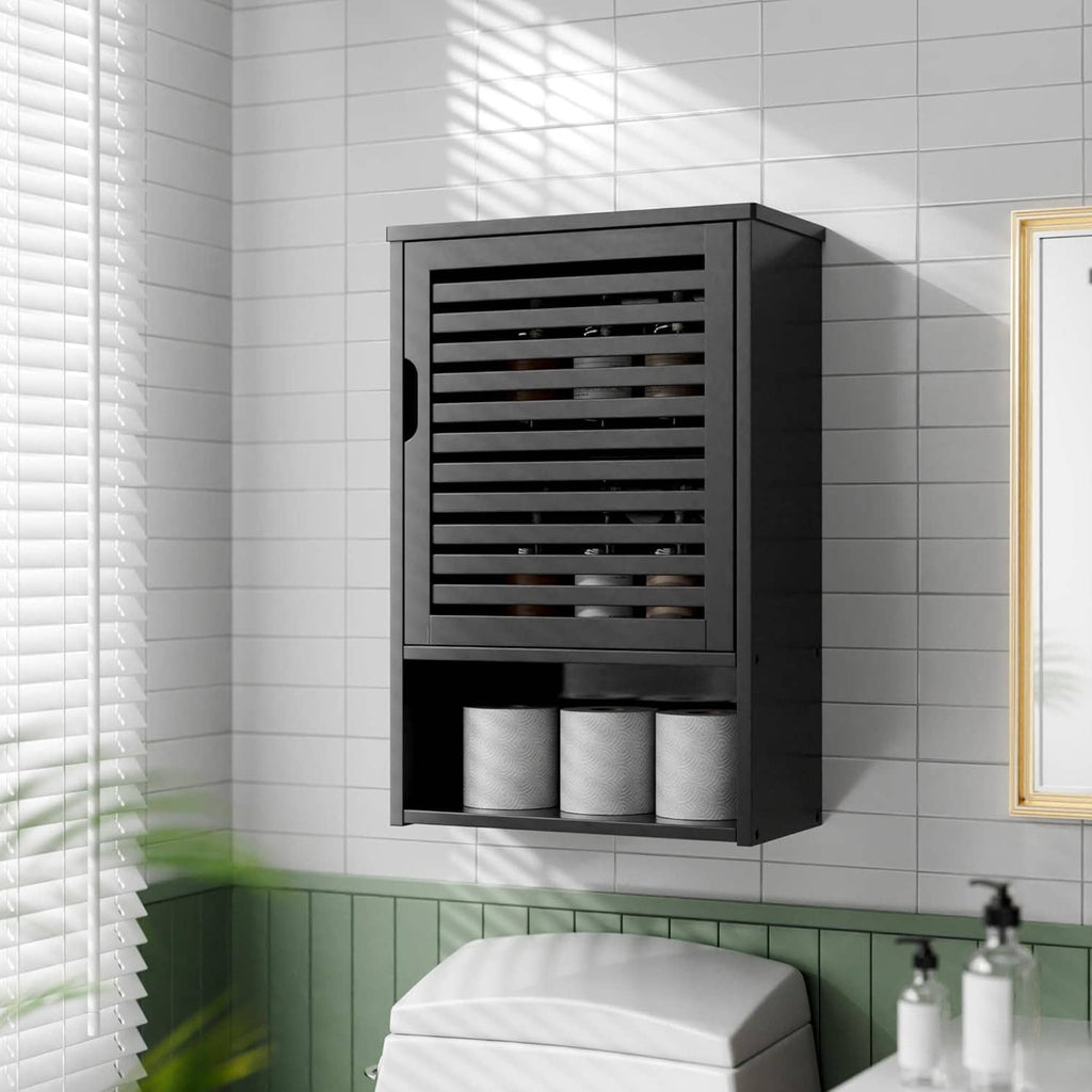Wall-mounted medicine cabinet with slatted door and interior shelves, black finish
