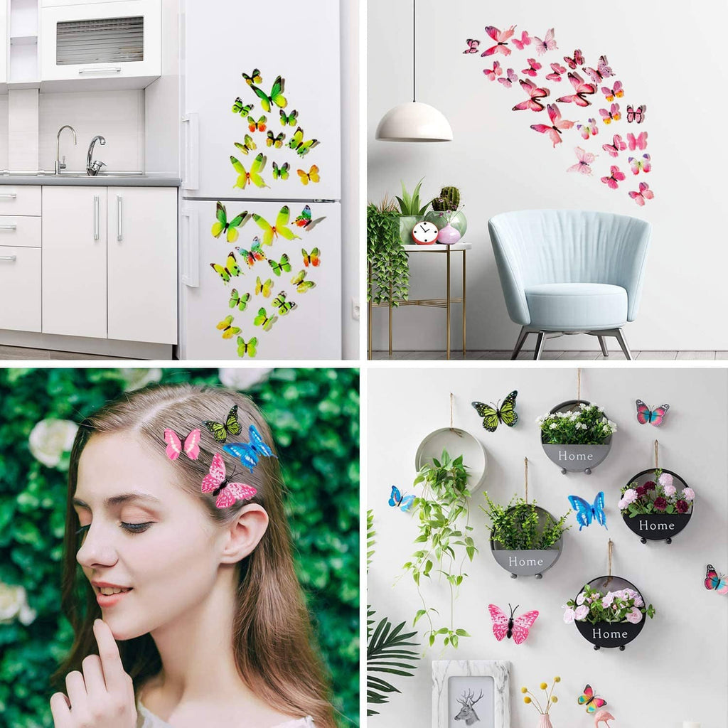 Multicolor butterfly wall decals displayed on walls and in a bedroom setting