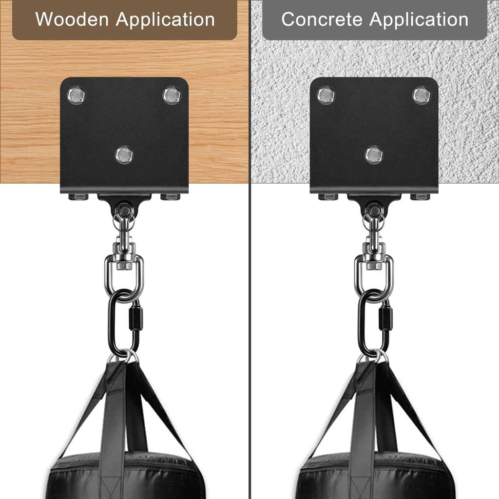 Steel punching bag hanger with carabiner for wooden or concrete ceiling beams