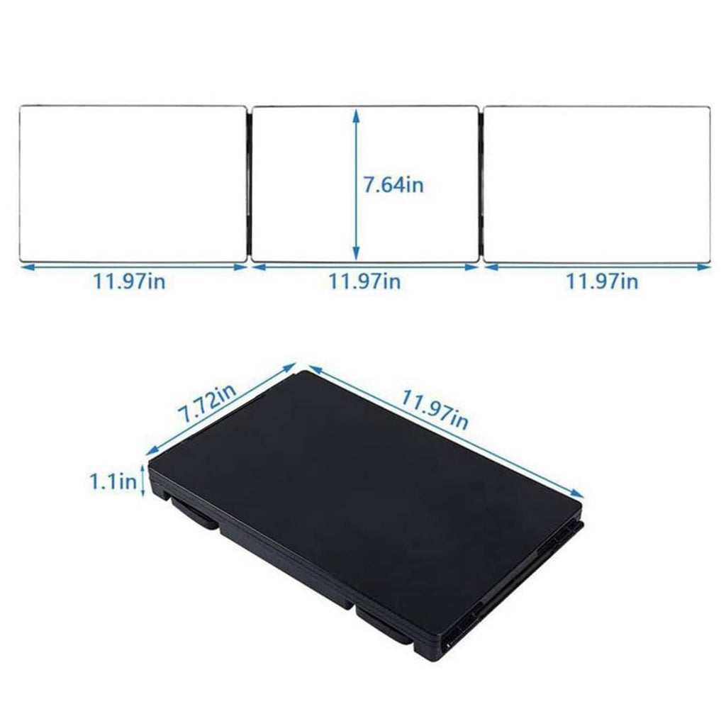 Tri-panel hair cutting mirror with foldable black base and size layout