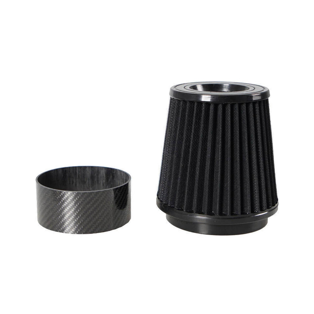 Black cone air filter with pleated element and carbon-fiber style sleeve ring
