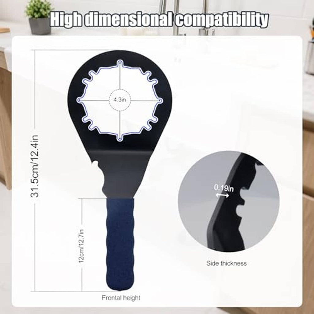 Universal sink drain wrench with blue handle and black toothed head for strainer nuts