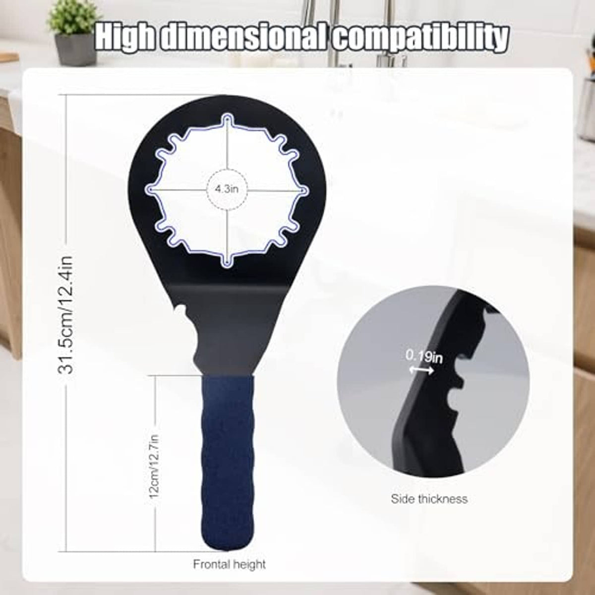 Universal sink drain wrench with blue handle and black toothed head for strainer nuts