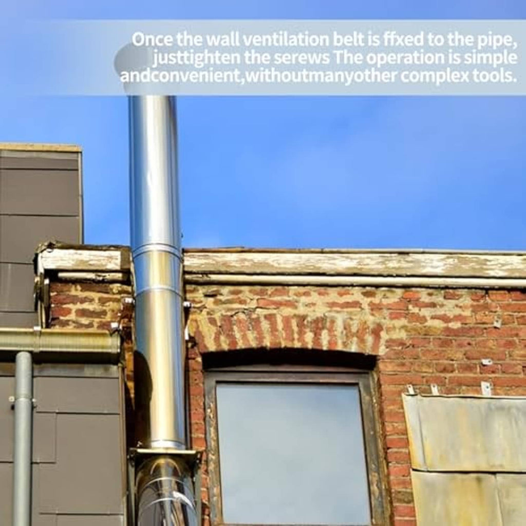 Chimney pipe wall support bracket clamping a vertical flue pipe on brick exterior