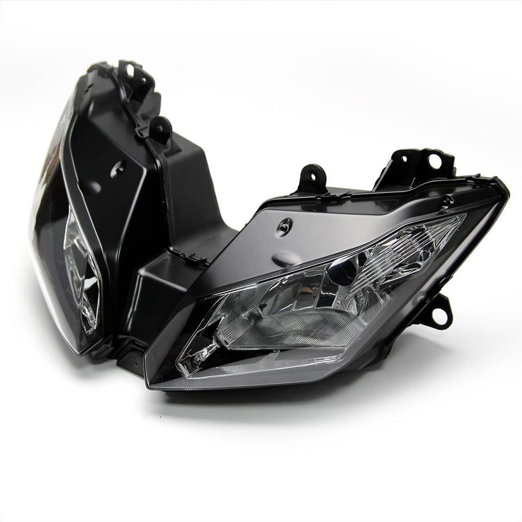 Angled front headlight assembly with clear lens and black side brackets