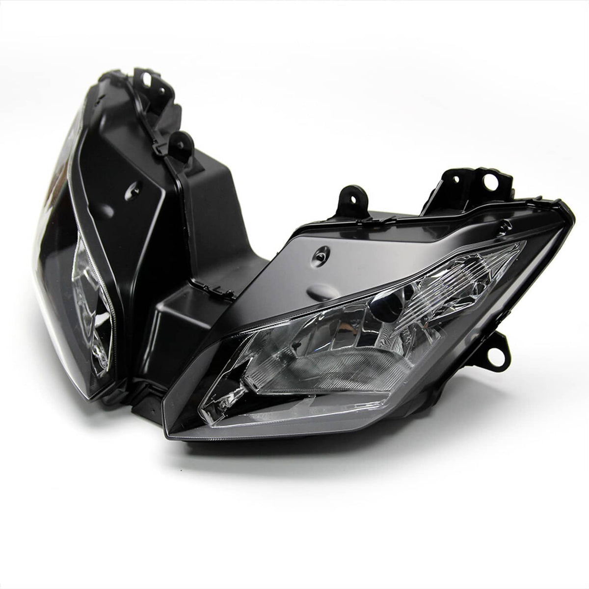Angled front headlight assembly with clear lens and black side brackets