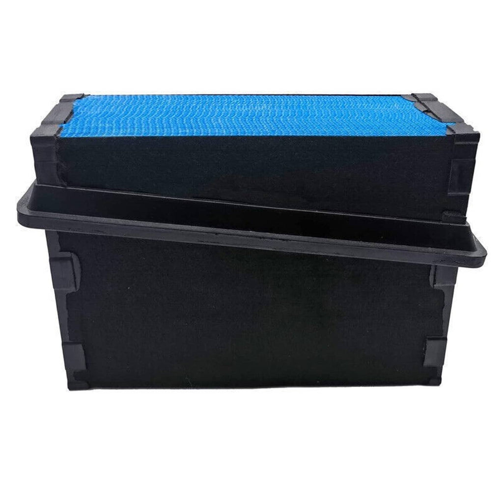 Truck engine air filter with blue filter media and black side access tabs