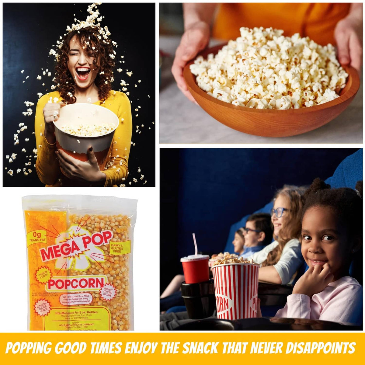 Mega Pop popcorn bag with family enjoying striped popcorn cups