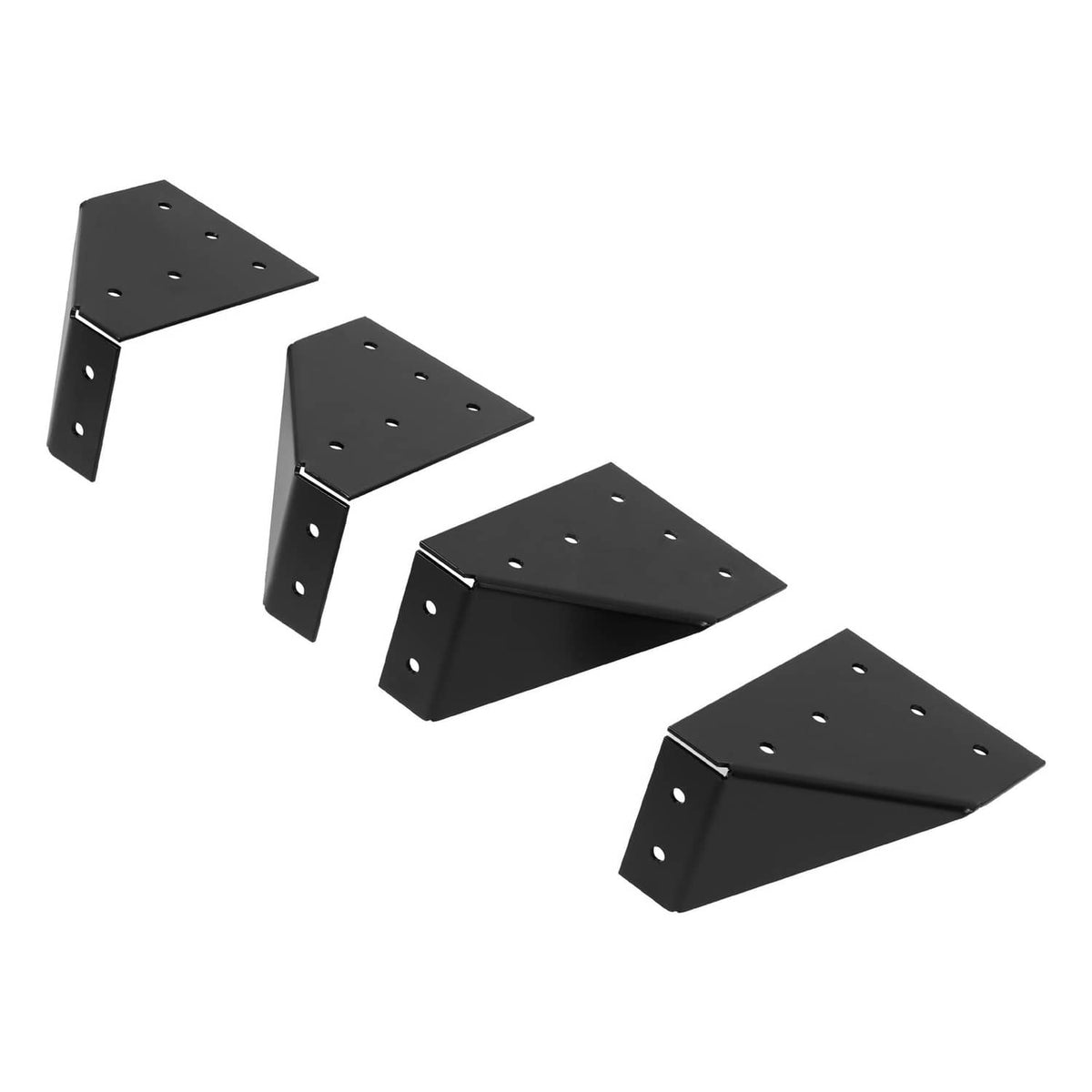 Black side-mount roof rack bracket pieces with drilled holes and bent tabs