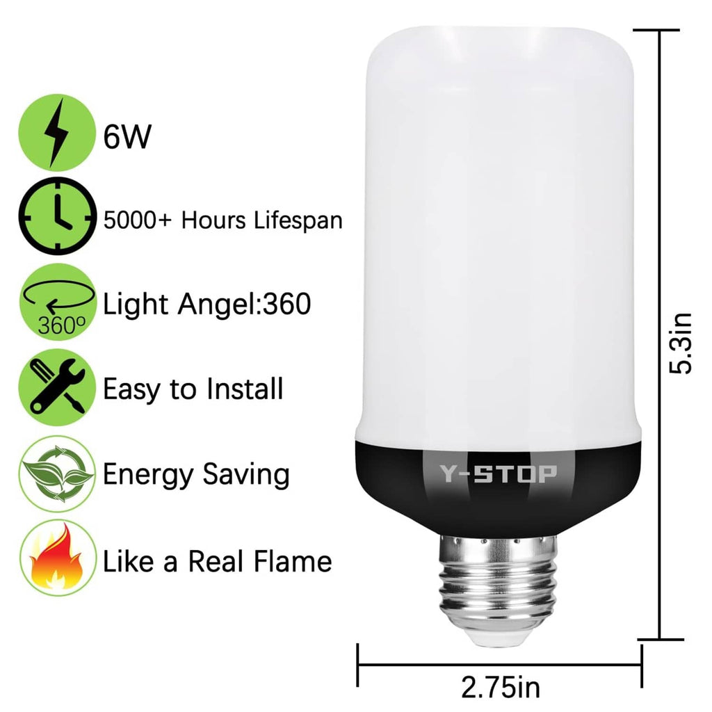 LED flame light bulb with 6W rating, 5000+ hours, 360° light angle and 5.3in size