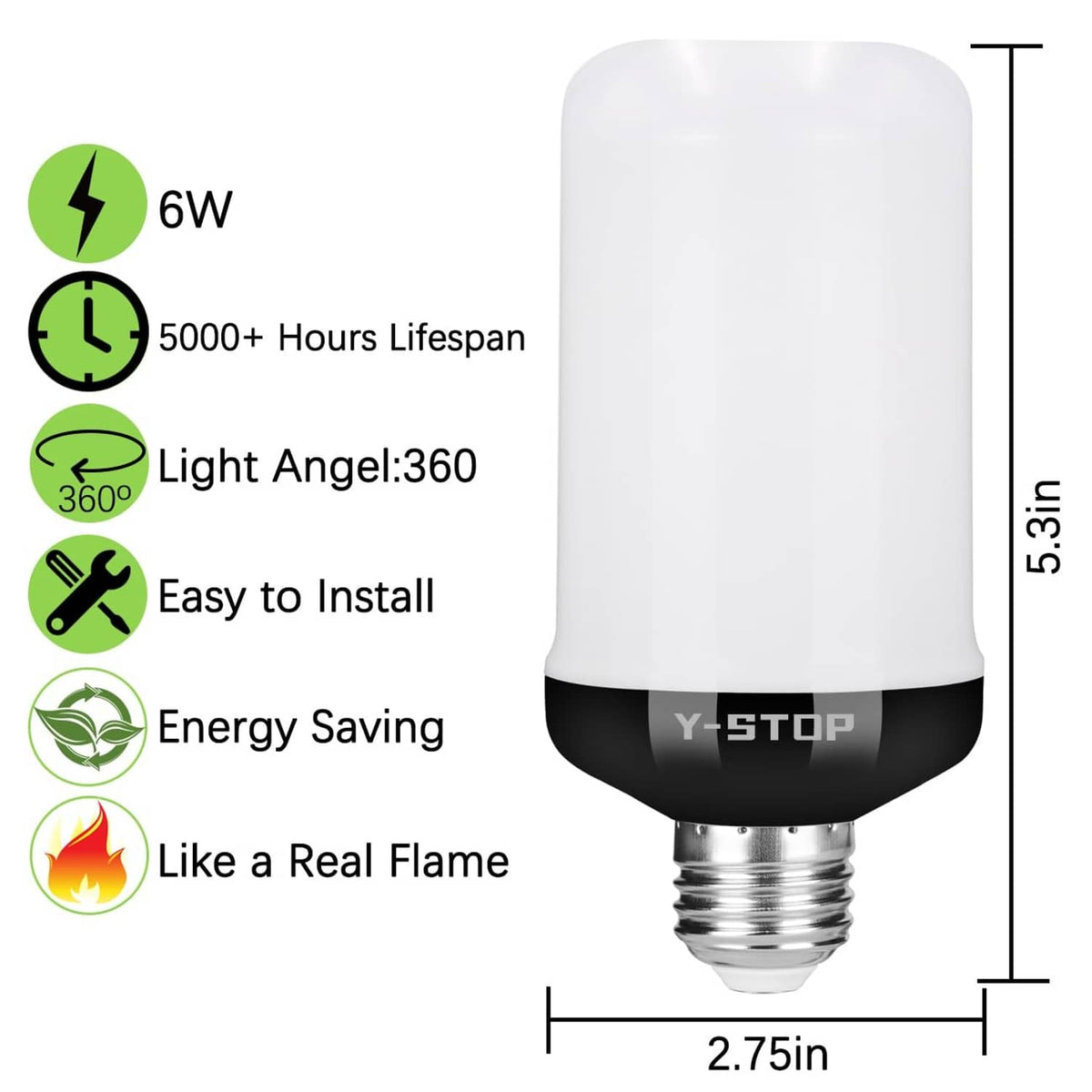 LED flame light bulb with 6W rating, 5000+ hours, 360° light angle and 5.3in size