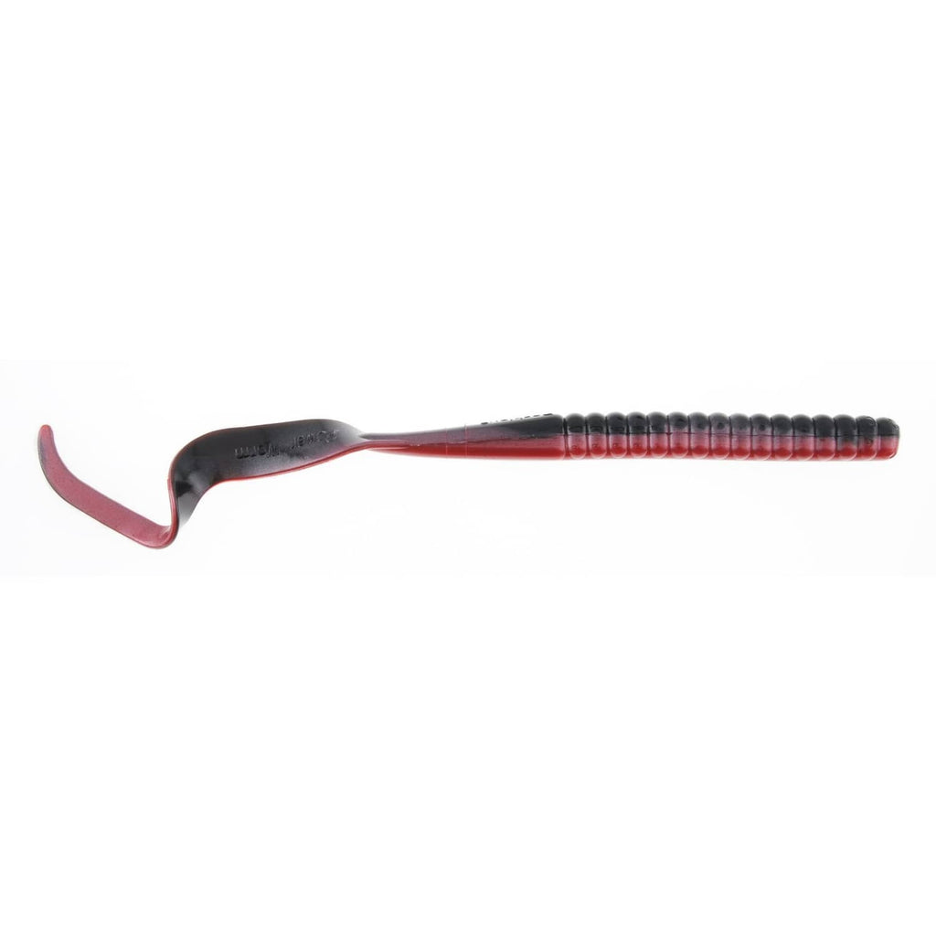 Soft plastic curly-tail power worm bait with dark body and red tail