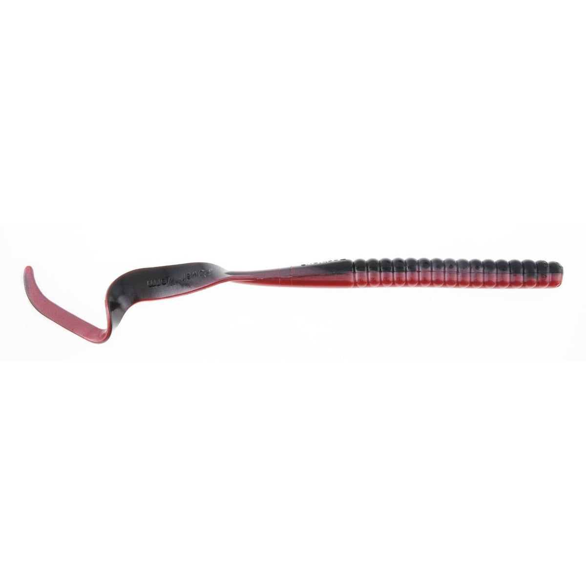 Soft plastic curly-tail power worm bait with dark body and red tail