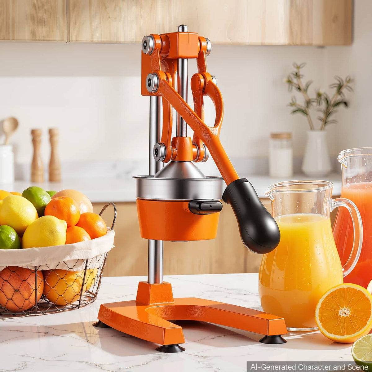 Orange citrus juicer on countertop with stainless cone, black lever handle, glass pitcher