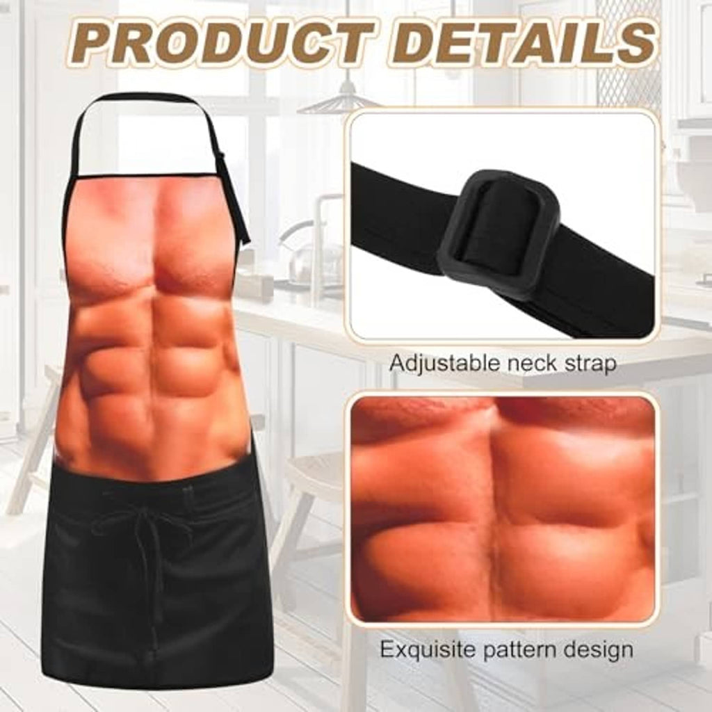 Black grilling apron with orange muscular print, adjustable neck strap and waist tie