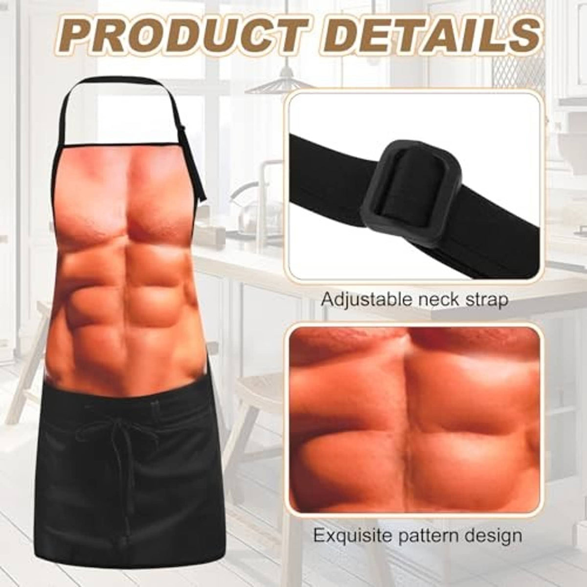 Black grilling apron with orange muscular print, adjustable neck strap and waist tie