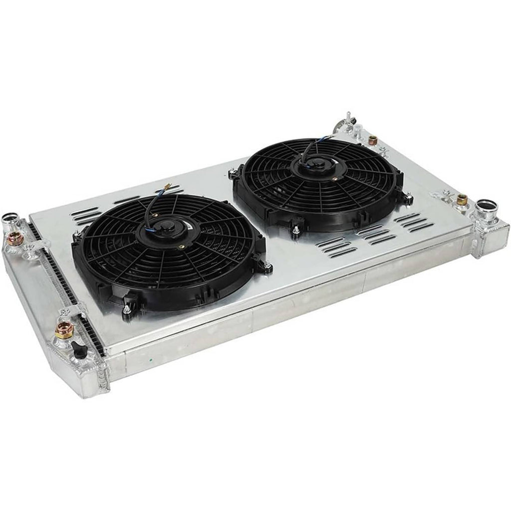 Two-fan radiator shroud assembly with black fans and silver mounting frame