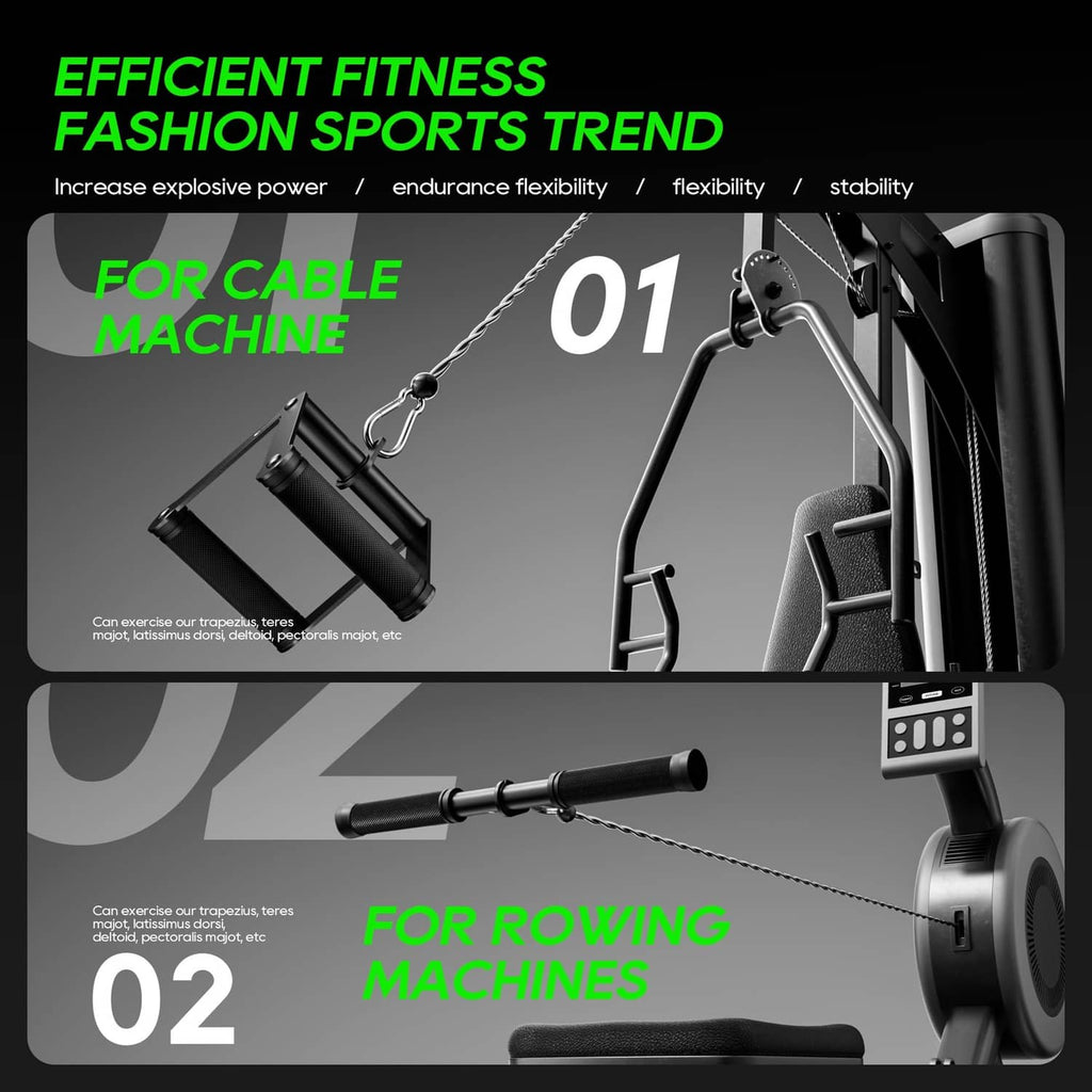 Cable machine attachment handles with textured grips and rope connector for rowing