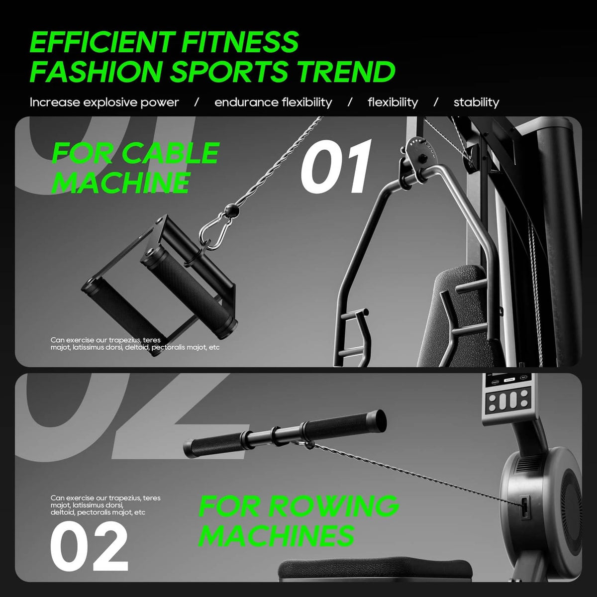 Cable machine attachment handles with textured grips and rope connector for rowing