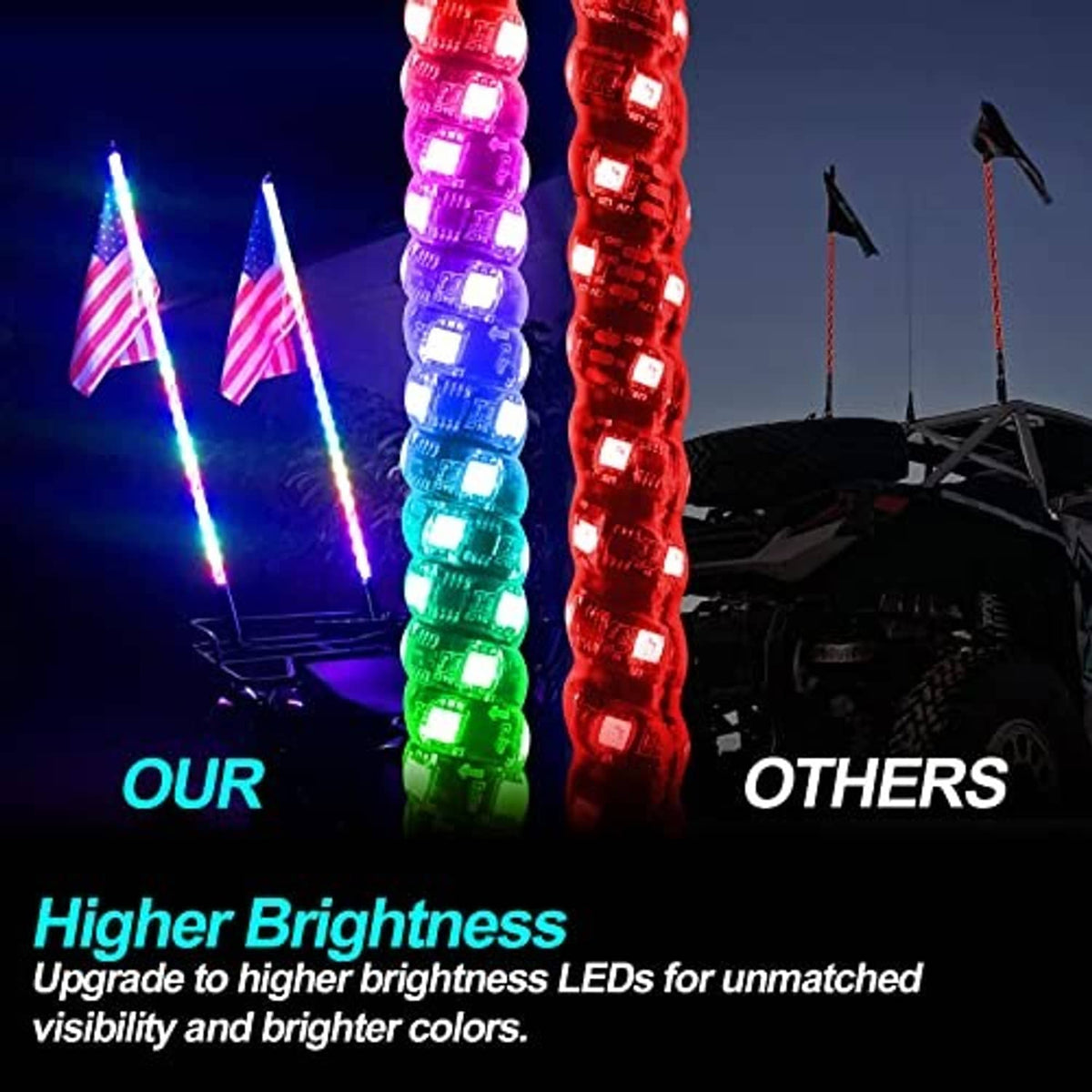 Two 4 ft LED whip lights showing red and blue spiral glow with bright colored beams