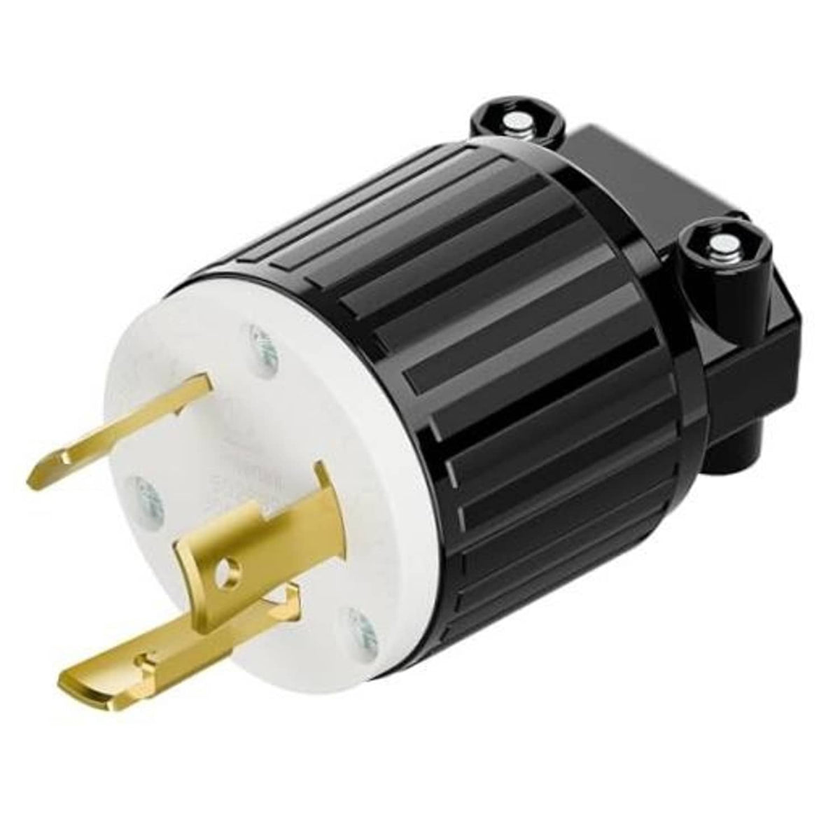 Industrial AC power plug with black housing, white face, and two gold L-shaped prongs