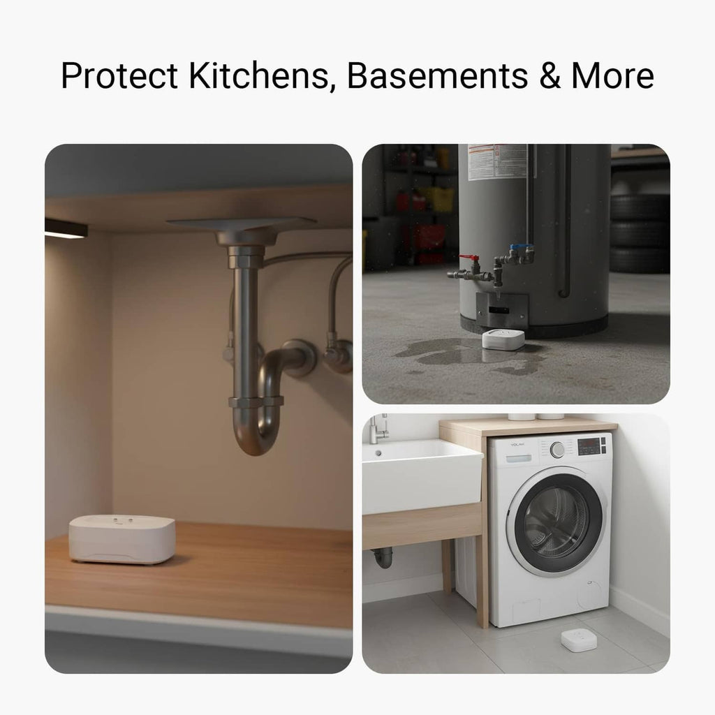 White water leak sensor on the floor beside sink plumbing and under-cabinet washer.
