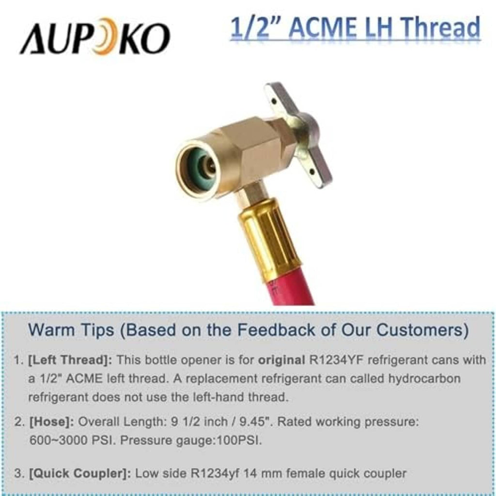 Refrigerant charge hose with 1/2 in ACME LH thread bottle tap and red hose.